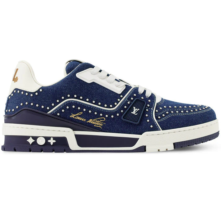 Louis Vuitton Trainer Indigo Blue Denim Sneakers with Swarovski Pearls - product image 1