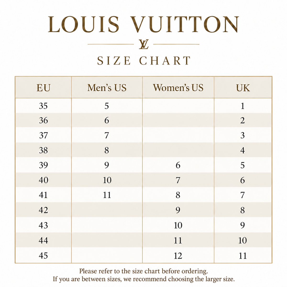 Louis Vuitton EU, US and UK shoe size chart